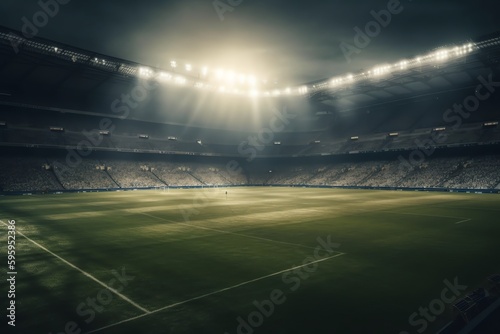 A dramatic football arena with green grass and rays of light. Generative AI