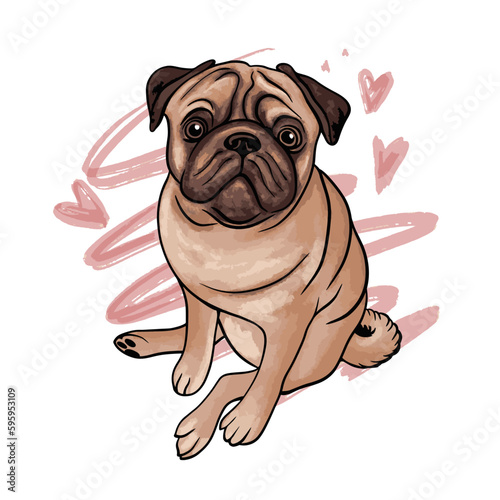 Cute puppy pug in a collar isolated on white background. Template. Close-up. Clip art. Hand Drawn. Line art, black and white.