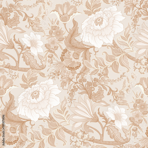 Fantasy flowers in art nouveau style, vintage, old, retro style. Seamless pattern, background. Vector illustration.