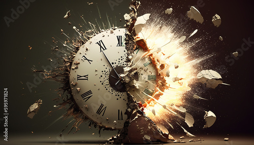 a clock is exploding in slow motion, epic artwork, generative ai technology