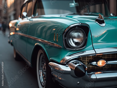 A Perfectly Restored 1957 Chevrolet Bel Air, Parked in a Bustling Downtown Street