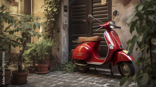 red vespa 50 special parked in an alley in front of a period door and pots with plants. Generative AI,