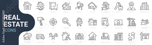 Set of line icons related to real estate, property, buying, renting, house, home. Outline icon collection. Editable stroke. Vector illustration. Linear business symbols