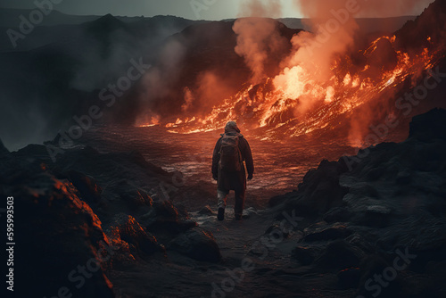 Volcanologist approaching the crater of a volcano with incandescent lava. Composite with different elements made with generative AI
