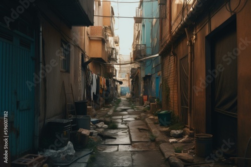 Dirty, poor residential alleyway in ghetto city. Generative AI