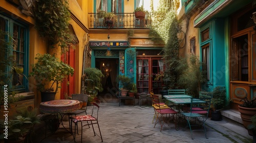 Classic and bohemian style cafe exterior in a French cozy street, AI generated