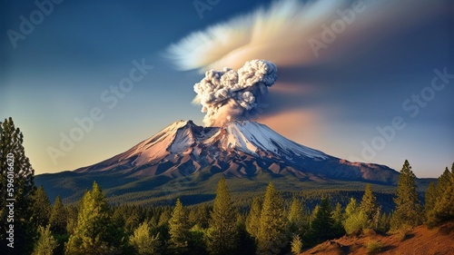 Photographs of Mount Shasta's eruption on the landscape. Automatic AI