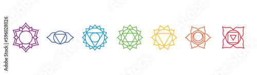 Basic human chakra system. 7 chakras. Set of seven chakra symbols of human body. Root, Navel, Solar plexus, Heart, Throat, Third eye, Crown