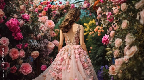 beautiful woman in bridal dress walking in maze rose garden, Generative Ai