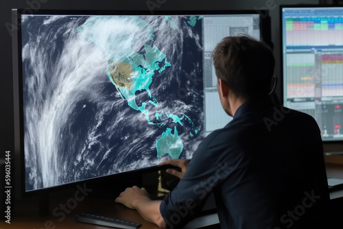 Meteorologist monitoring weather forecast at monitor screen. Workplace in meteorological department. Created with Generative AI