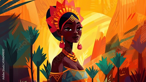 cute fairytale children book style illustration character art, cute fairytale tribal Ghana princess in forest, Generative Ai