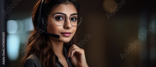 Call center, middle eastern young woman and smile in contact us with CRM, headset with mic. Customer service consultant, happy female and telemarketing with sales and help desk. Generative AI