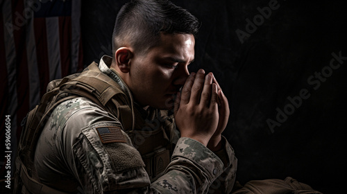 american soldier mourning and praying with the american flag in his hands, Generated AI