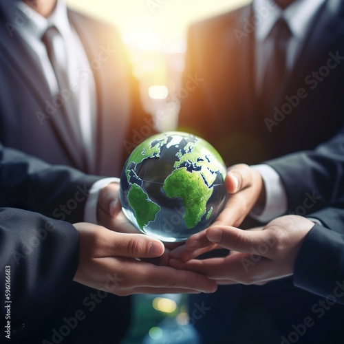 Empresarios sosteniendo mundo para Organización Desarrollo sostenible ambiental. Concepto de negocio sostenible ambiental, social y de gobierno. Imágen generada por IA.