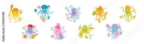 Colorful Octopus Sea Animal Showing Different Profession Vector Set