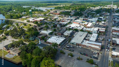 Aerial view of a small town called Conway, located outside of Myrtle Beach, South Carolina.