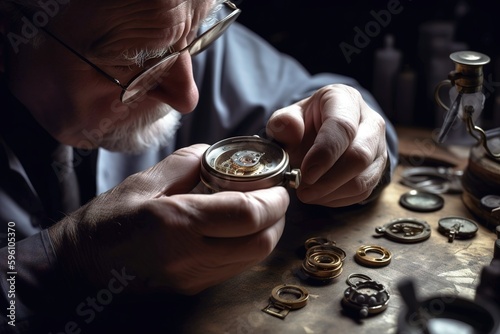 Meticulous watchmaker working on delicate gold watch piece. Generative AI