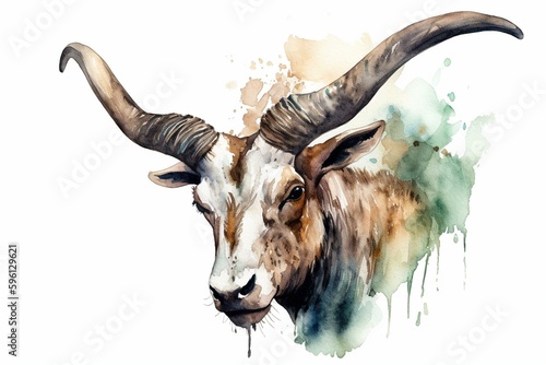 Isolated watercolor image of a horned mel on a white background. Generative AI