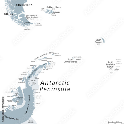 Antarctic Peninsula area, gray political map. From southern Patagonia and Falkland Islands, to South Georgia, and the South Sandwich Islands, and to South Orkney Islands, and Antarctic Peninsula.