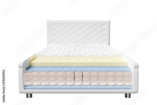 3d layered sheet material mattress with air fabric, pocket springs, natural latex, memory foam isolated. 3d render illustration