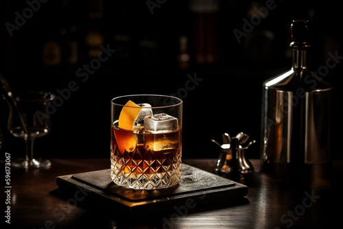 A Godfather cocktail made with scotch whiskey, amaretto liqueur, and ice on a black bar counter with steel tools and copy space. Generative AI