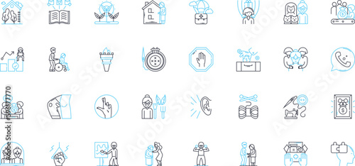 Senior living linear icons set. Retirement, Elderly, Health, Comfort, Community, Independence, Care line vector and concept signs. Luxury,Safety,Active outline illustrations