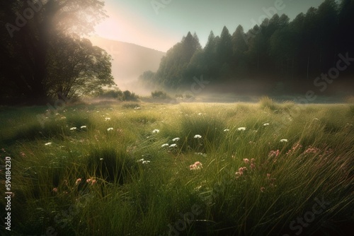 Early morning scene of a verdant meadow. Generative AI