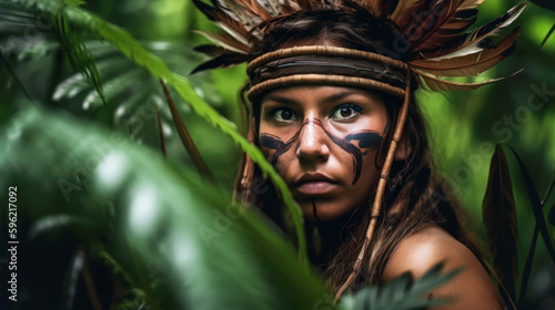 Close portrait of a savage amazon tribe woman in the jungle. Generative AI