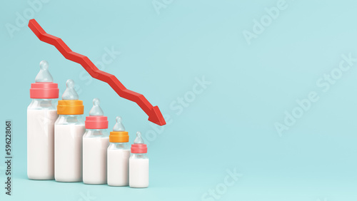 Fertility decline concept. Depopulation, demographic crisis. Baby bottles in the form of graph and down arrow. Empty space for text. 3d illustration.