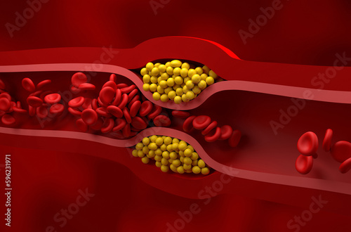 Partly blocked vessel in high level of LDL (bad cholesterol) lipoprotein – isometric view 3d illustration