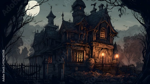 An eerie gothic illustration of a haunted mansion