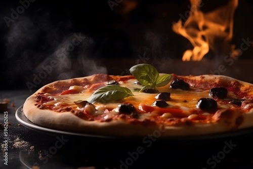 Close-up shot of steaming hot wood-fired oven pizza on a wooden plate. Generative Ai