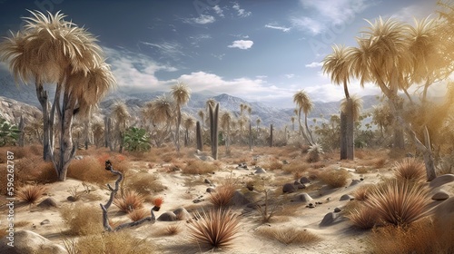 Life in the tropical desert landscape of 10,000 BC was tough, and only the species that were well-suited to the environment could survive. Game context. AI-generated