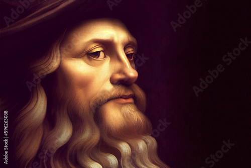 Oil painting portraits of the great polymath Leonardo da Vinci, and historical figures, can be used for education, and cultural commentary, Generative Ai.