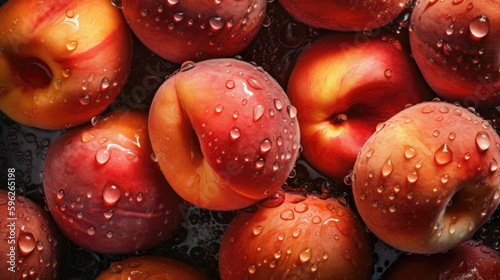 Fresh ripe nectarines with water drops as background, top view.