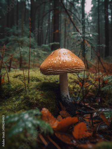 Mushrooms in the forest. Generative AI.