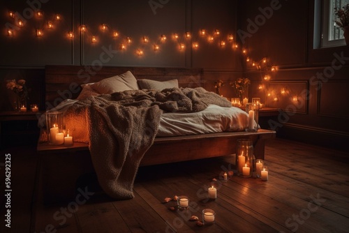 Romantic bedroom lit by candlelight for Valentine's Day. Generative AI