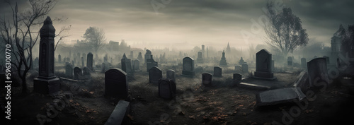 A Massive Graveyard With Haunting Spirits Panoramic Background. Generative AI