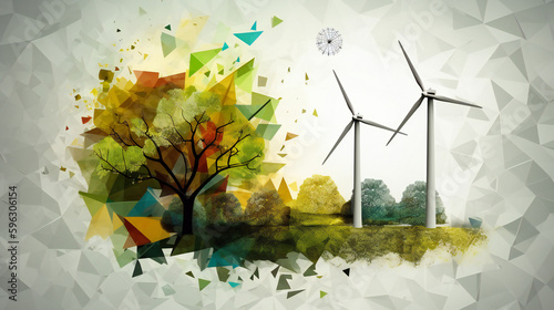Wind turbine illustration. Renewable energy. Generative IA