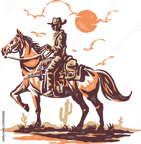 A cowboy riding a horse in the desert with a vintage retro style 