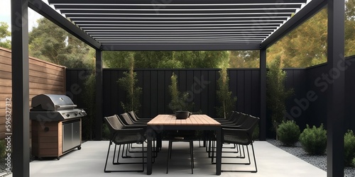 Modern patio furniture include a pergola shade structure, an awning, a patio roof, a dining table, seats, and a metal grill. generative AI technology