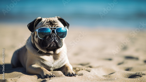 Cute little pug in blue mirror sunglasses rest on the beach, vacation illustration with copy space, generative AI