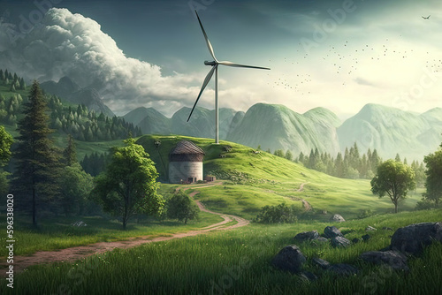 Wind Turbine Landscape with Lush Greenery in High Resolution