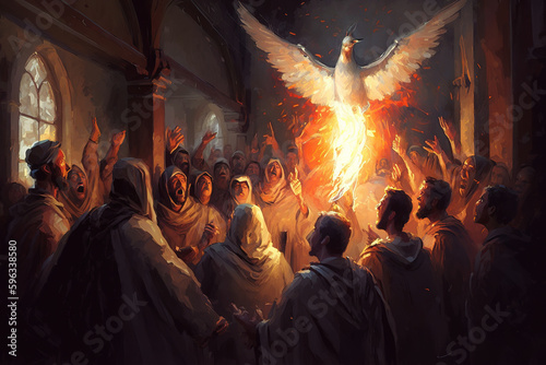 Colorful depiction of the Holy Spirit descending on the apostles on Pentecost