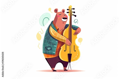 Funny bear in colorful shirt playing contrabass, isolated on a white background, illustration