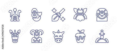 Fairytale line icon set. Editable stroke. Vector illustration. Containing hydra, mermaid, magic broom, fairy, elf, unicorn, satyr, poisoned apple, sword.