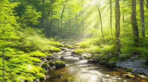 A peaceful forest scene, with sunlight filtering through the trees and a babbling brook in the background.