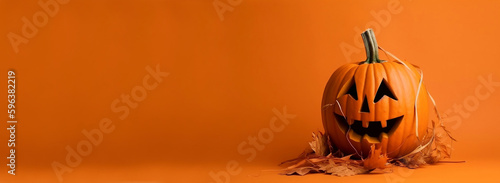 Real Jack O Lantern for halloween on orange background - generative ai