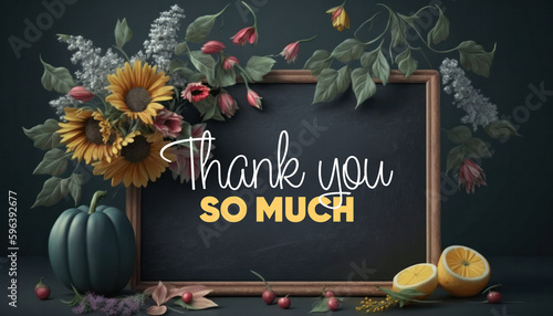 Blackboard thank you message dark background concept with flowers generative ai