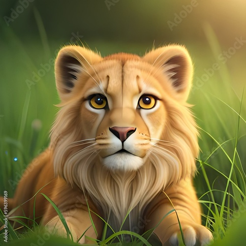 cute little lion - pltn style, Photography,a butterfly sat on the nose of a little lion cub in the grass in the meadow created by generative ai tools